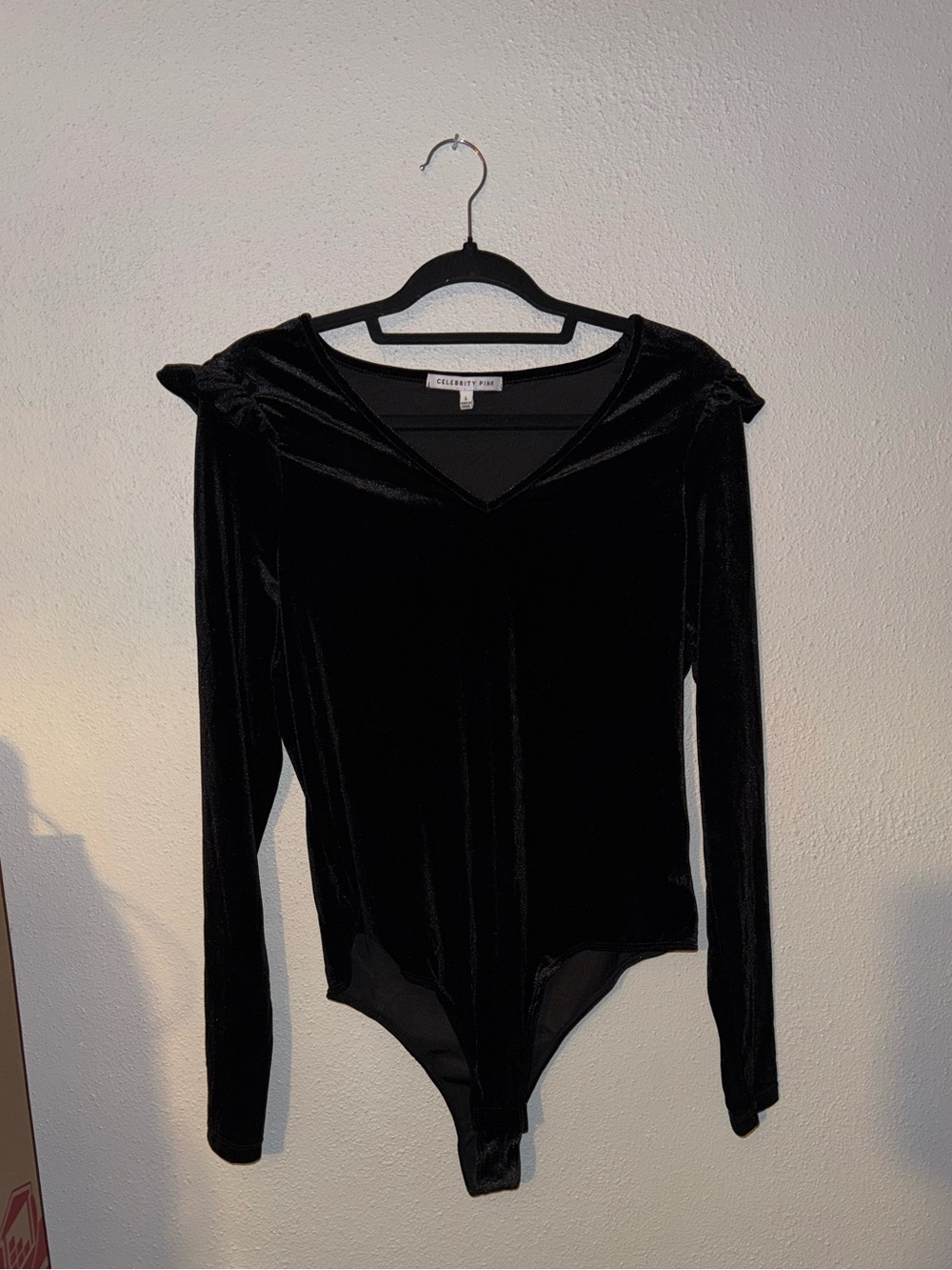 Celebrity Pink Black Velvet V-Neck Long Sleeve Bodysuit